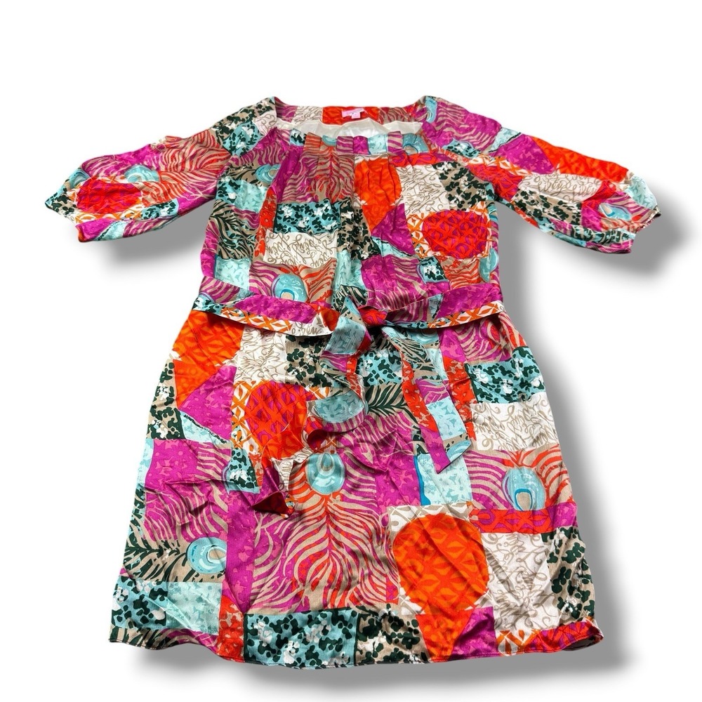 Lilly Pulitzer Pure Silk Keating Patchwork Colorful Mini Belted Dress Wmns Sz 2